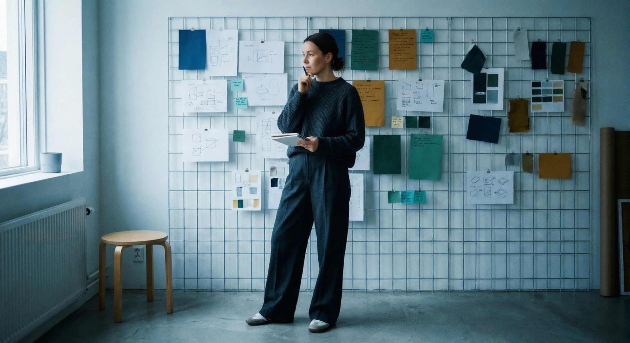 Creative professional standing in front of a wall grid with printed notes, diagrams and colour-coded highlights.