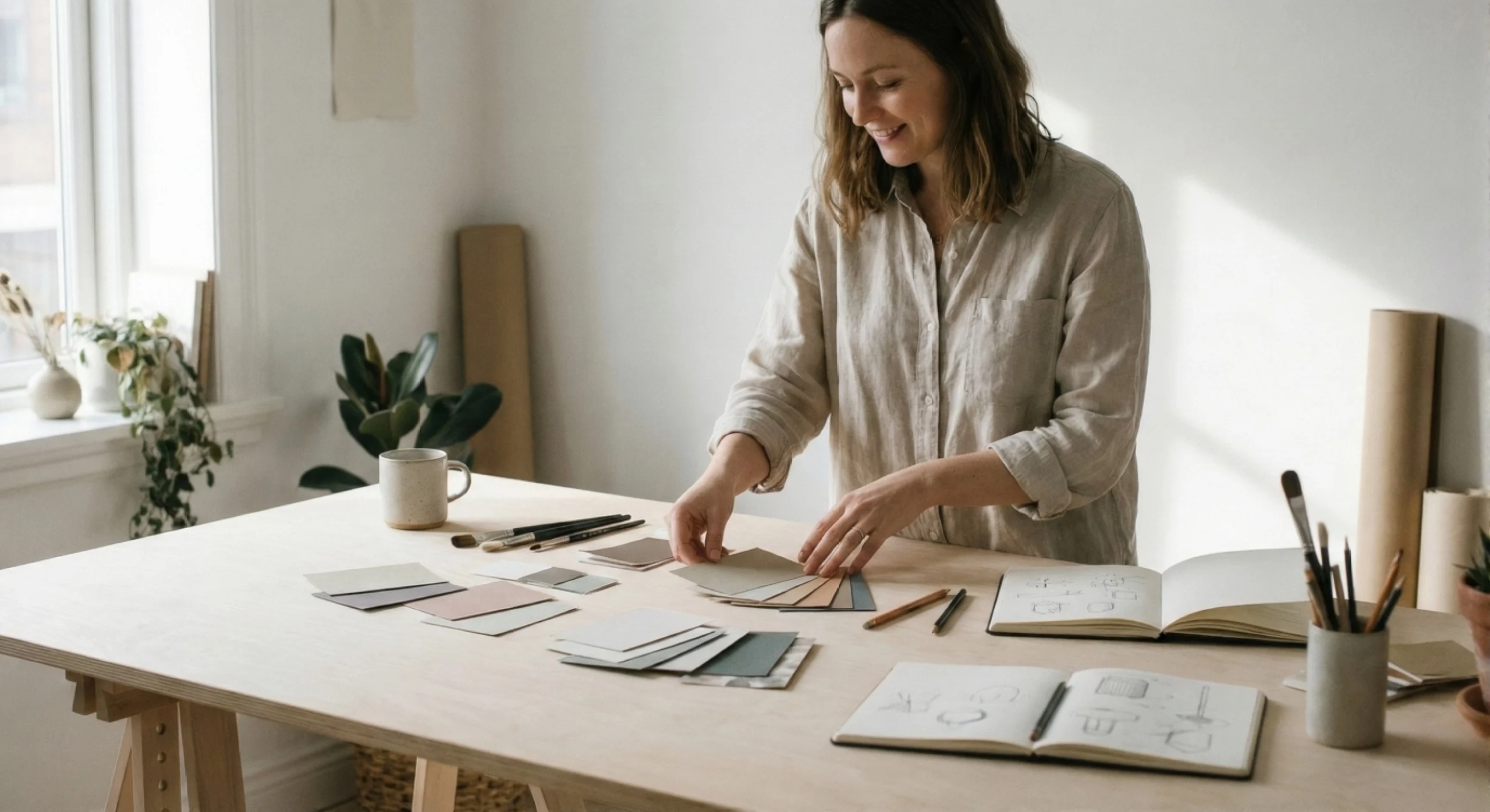 A designer arranging coloured paper swatches