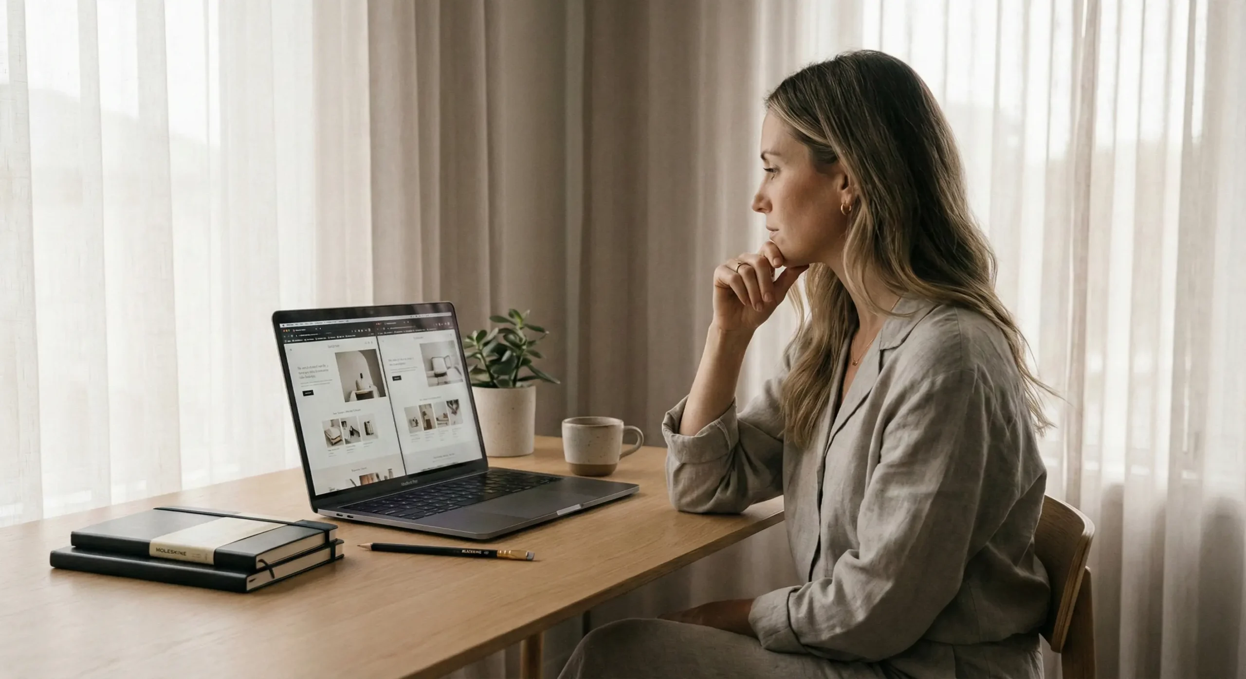 Creative designer sitting at a modern minimalist desk reviewing two different website layouts on a laptop