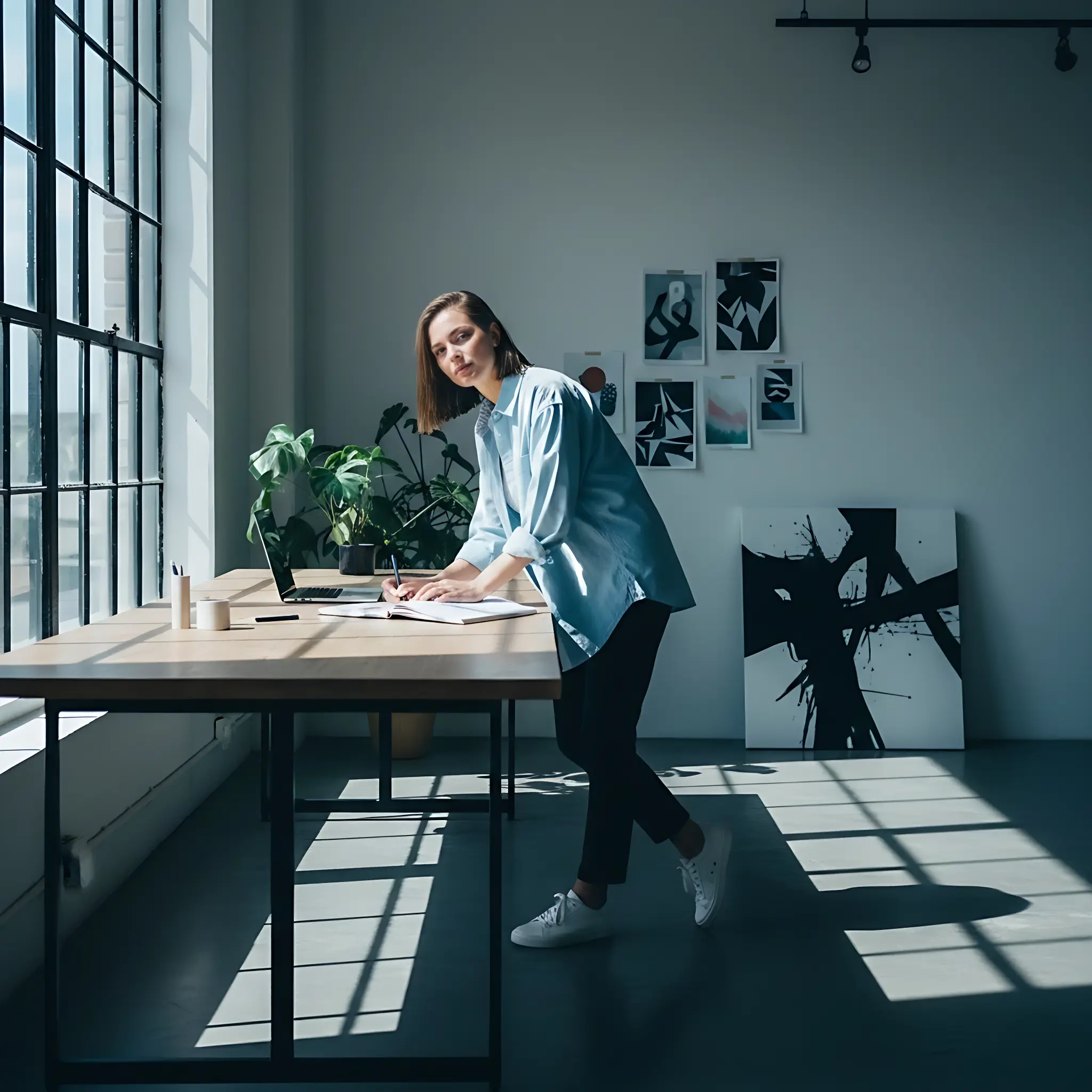 Creative person writing website copy in a modern studio workspace