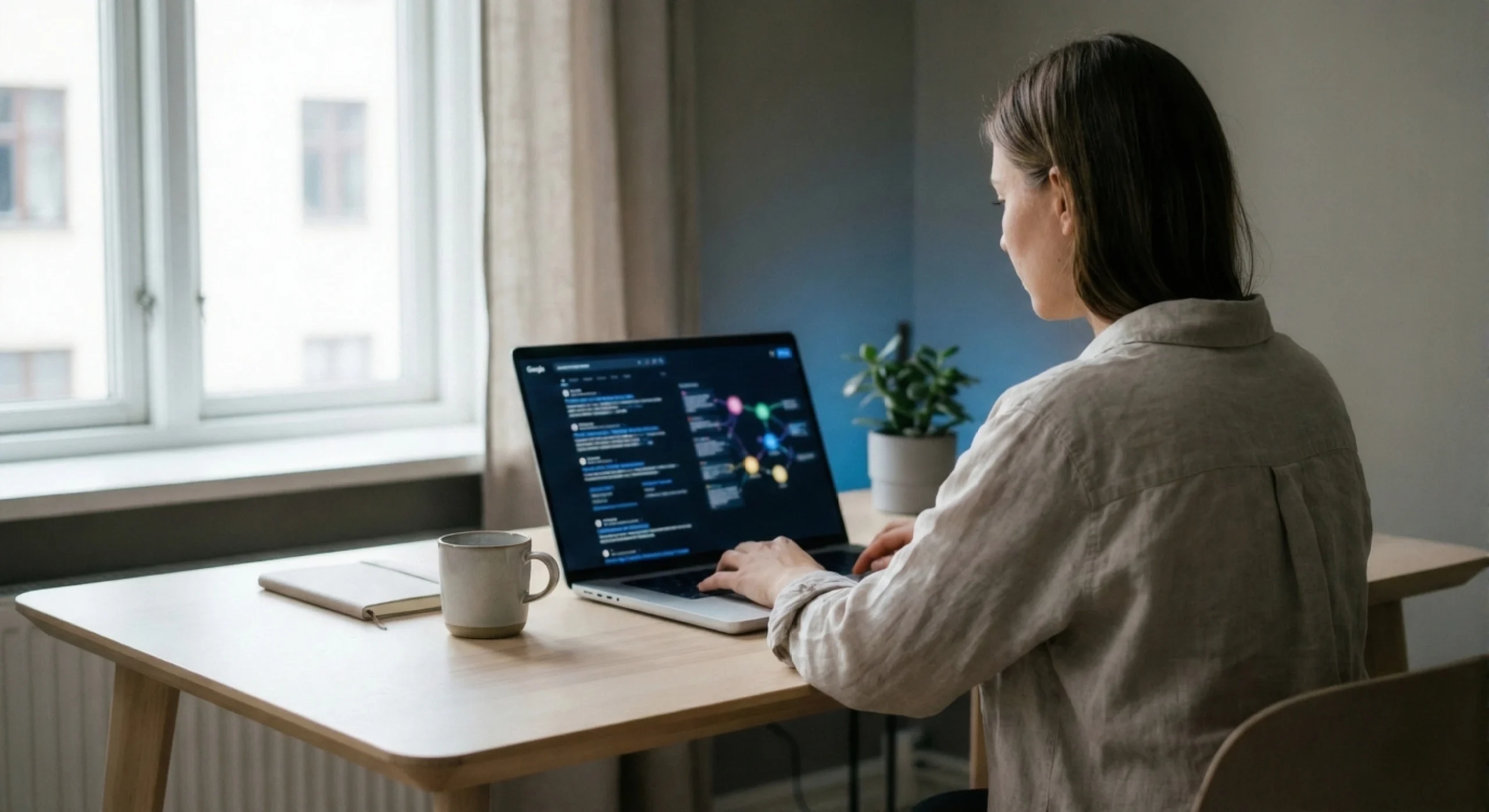 A creative professional reviewing AI-generated search results on a laptop in a calm modern studio.